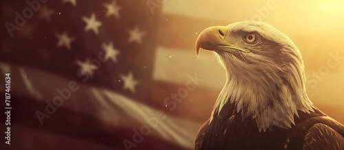 A patriotic banner depicting a majestic eagle against the American flag, with sunlight softly highlighting the emblem. Memorial Day, Independence Day , with copy space