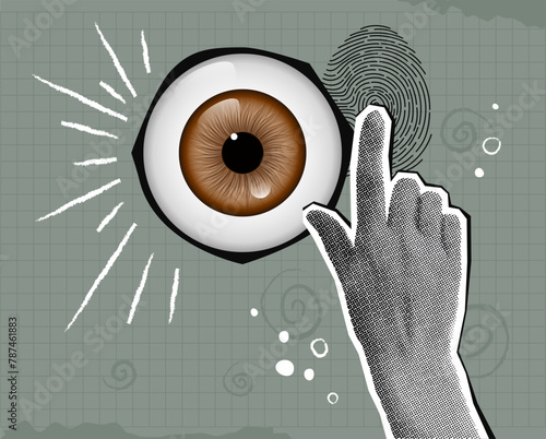 Trendy collage, halftone hand. Eye. Digital vision. Fingerprint. Identification. Biometric. Hypnosis, optics. Communication and advertising. Psychedelic pop art style