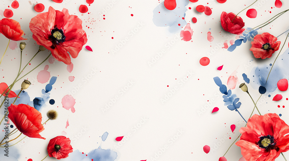 "Memorial Day" in blue, with watercolor American flags and red poppies ...