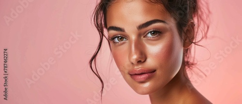 A gorgeous model with a flawless complexion poses before a striking pink cream background