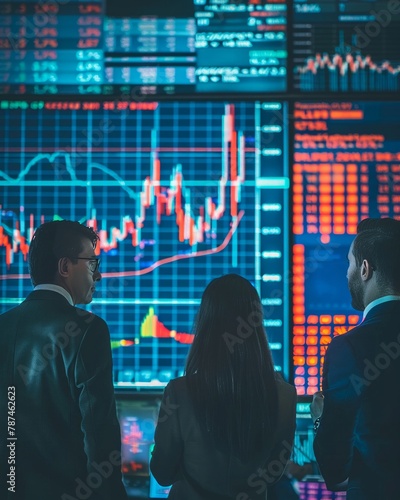 Executives watching a large screen in a trading floor environment as stock prices surge, symbolizing a windfall from savvy investments photo