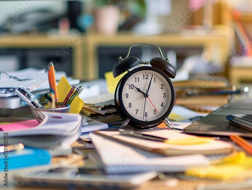 A desk cluttered with uncompleted tasks and an alarm clock repeatedly ringing, ignored by the distracted employee photo