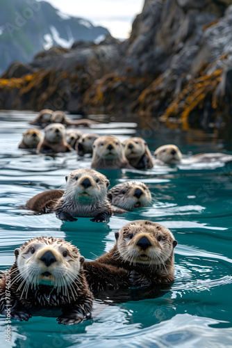 Joyful Gathering of Sea Otters in Scenic Bay - A Peaceful Portrait of Marine Life