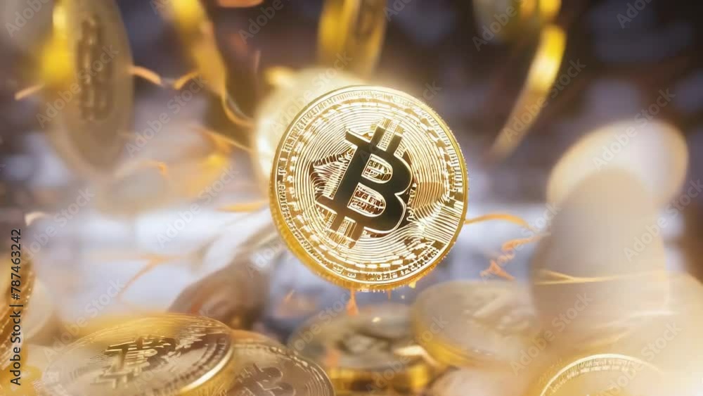 golden bitcoin cryptocurrency spin with sparks on dark background for financial technology