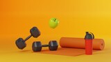 Bright sport equipment. 15 kg weights, green apple, red shaker bottle for protein and orange yoga math isolated on bright yellow background. Fitness and healthy lifestyle concept, 3d rendering
