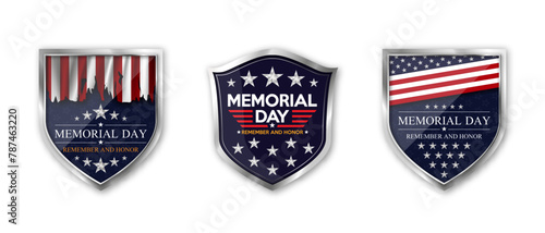 Memorial day. Set of realistic steel shield badges for the holiday memorial day. National holiday of the USA. Vector illustration.