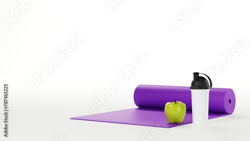 Green apple, shaker bottle and purple yoga math isolated on white background. Fitness and healthy lifestyle concept, 3d rendering