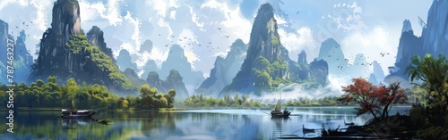 A painting of a mountain range with a boat in the water photo
