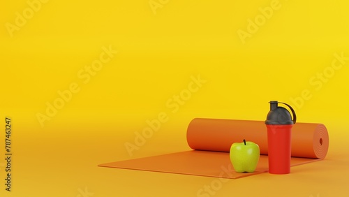 Bright fitness equipment. Green apple, red shaker bottle for protein  and orange yoga math isolated on bright yellow background. Sport in our lives. Fitness and healthy lifestyle concept, 3d rendering