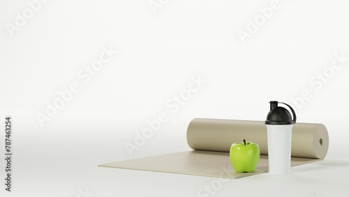 Green apple, shaker bottle and yoga math in beige color isolated on white background. Sport in our lives. Fitness and healthy lifestyle concept, 3d rendering