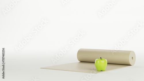 Green apple and yoga math in beige color isolated on white background. Fitness and healthy lifestyle concept, 3d rendering