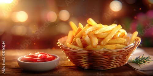 Food Wallpaper  Crispy French Fries Basket on Wooden Table with Cozy Ambience 