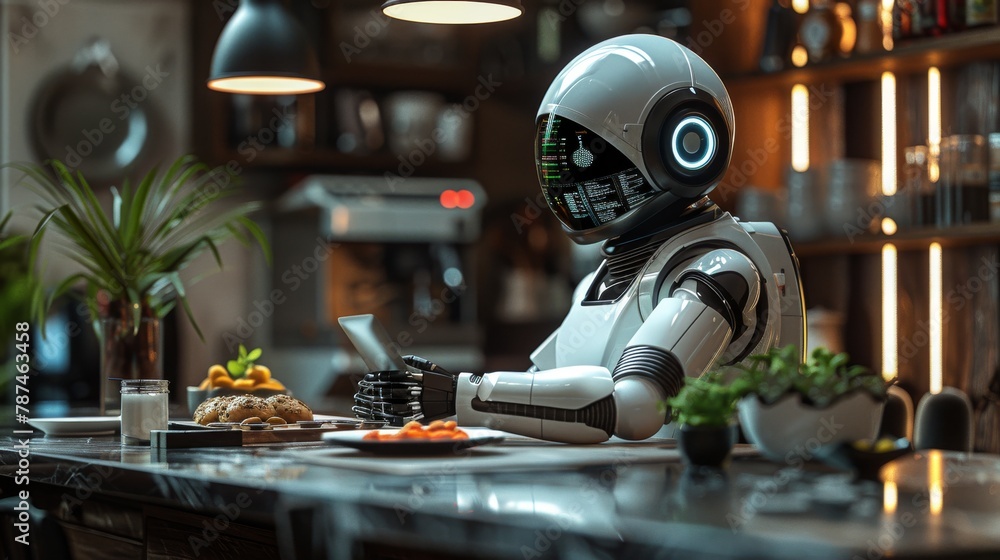 Futuristic robot nutritionist providing dietary advice in a modern kitchen setting Futuristic robot nutritionist providing dietary advice in a modern kitchen setting