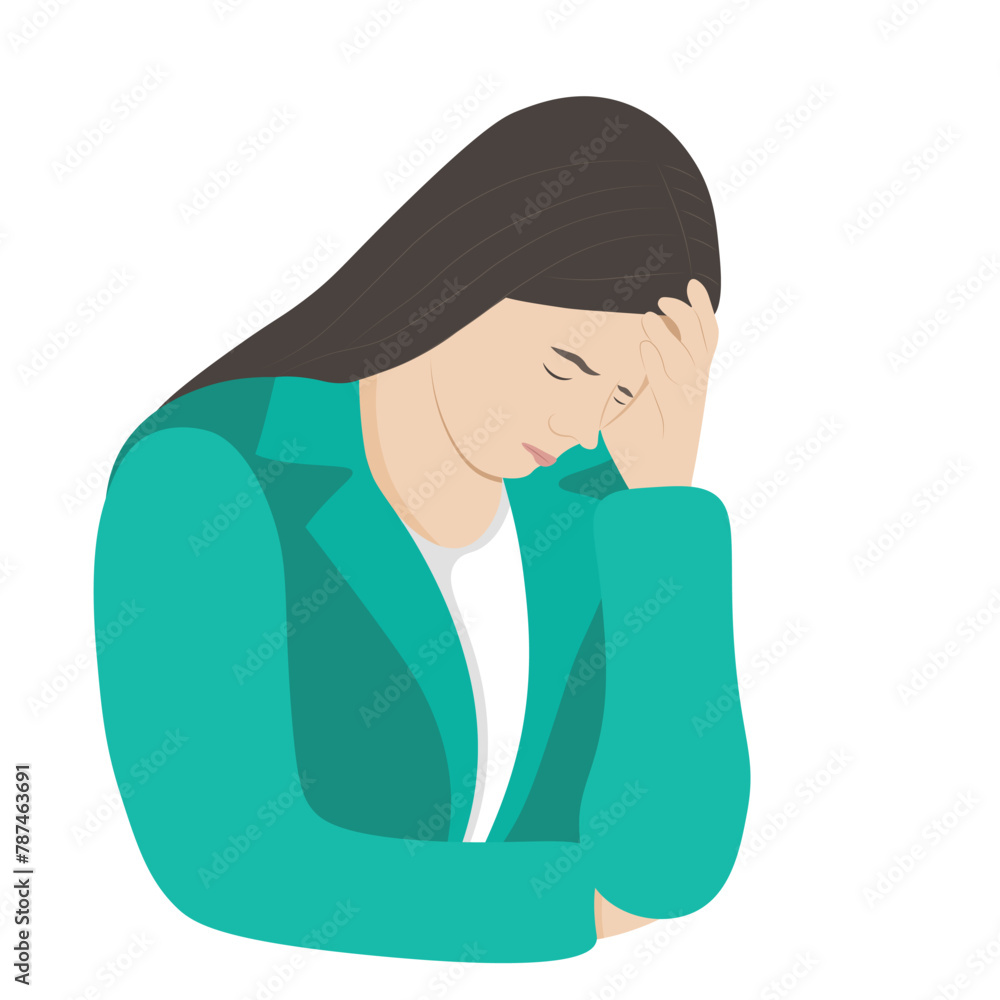 Portrait of a sad girl, headache, feeling unwell, isolate on white, flat vector Portrait of a sad girl, headache, feeling unwell, isolate on white, flat vector