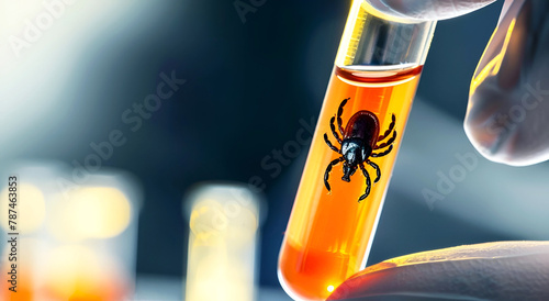 The hand of a scientist holding a test tube with a tick
