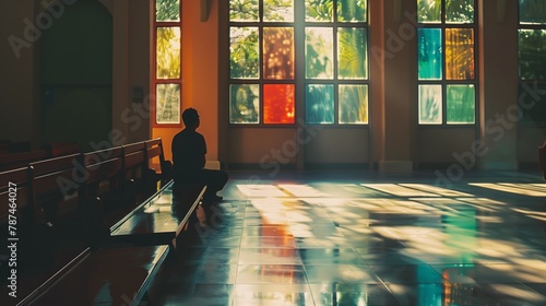 Solitude in Serene Church with Vibrant Stained Glass