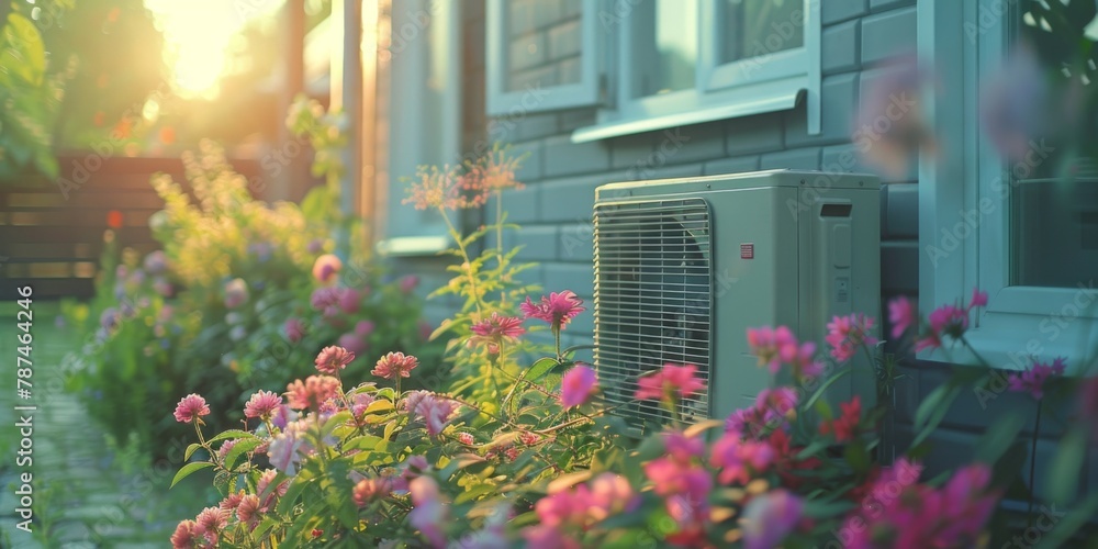 Air source heat pump on the wall of a modern house with bright flowers. Generative AI