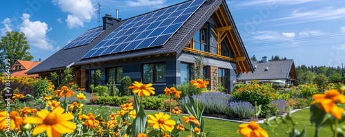 Solar panel on the roof of a modern house and summer flower garden. Generative AI