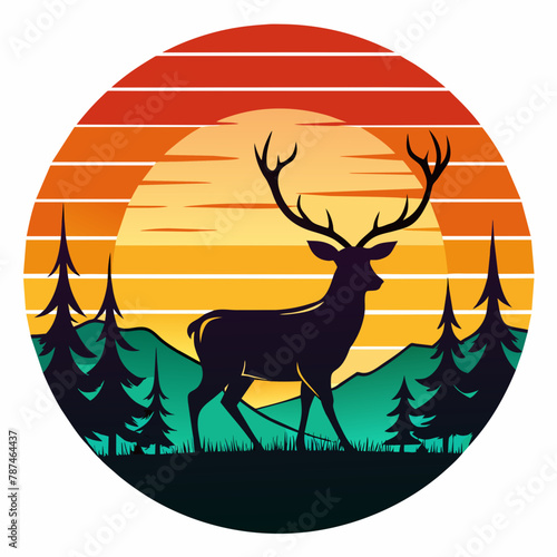 T-shirt design with sunset, in silhouette deer, vintage, white background © Lal
