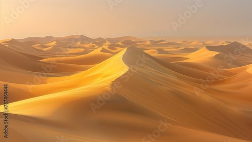 Golden morning light casts long shadows across the undulating sand dunes of the Sahara Desert