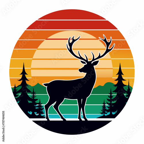 T-shirt design with sunset, in silhouette deer, vintage, white background © Lal