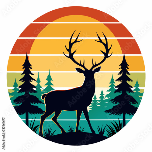 T-shirt design with sunset, in silhouette deer, vintage, white background © Lal