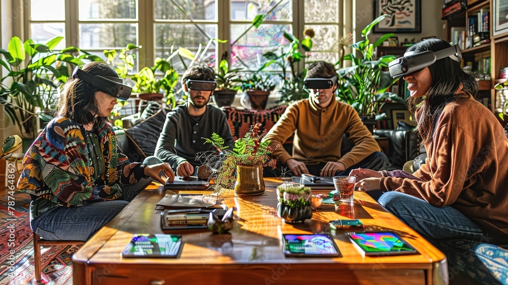 A group of friends gathered in a living room, each wearing augmented reality glasses and interacting with virtual objects projected into the space around them