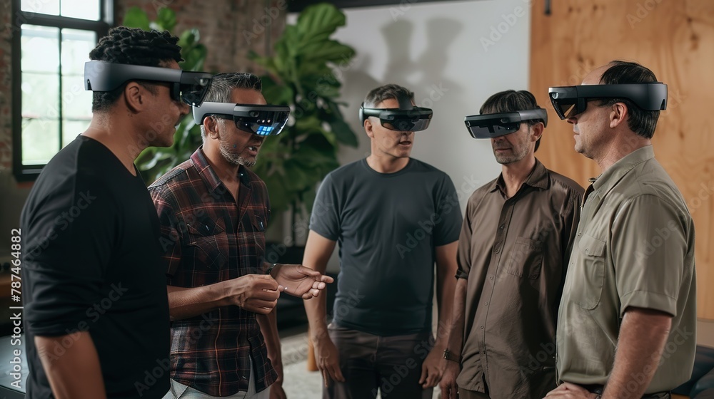 A group of co-workers gathered in a office room, each wearing augmented reality glasses and interacting with virtual objects A group of co-workers gathered in a office room, each wearing augmented reality glasses and interacting with virtual objects
