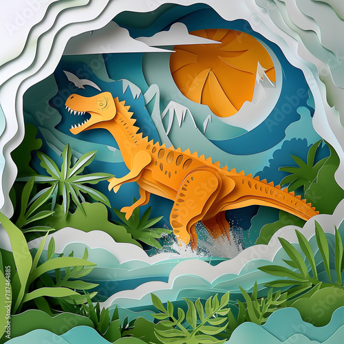 Paper art style illustration of Tyrannosaurus. Dinosaur animal theme , Use for education , banner , advertise © EEKONG