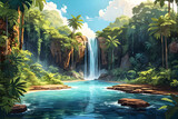 A hidden waterfall cascades into a crystal-clear pool surrounded by vibrant tropical vegetation, creating a serene oasis in the heart of the forest vector art illustration image.

