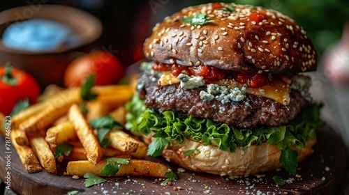 Gourmet blue cheese burger with crispy fries and craft beer