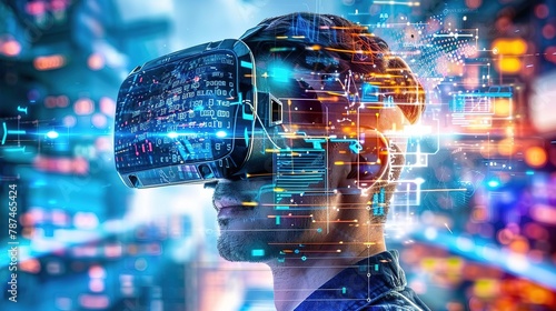 An individual wearing augmented reality glasses, interacting with virtual interfaces and holographic projections in a high-tech urban plaza, highlighting the integration of AI into daily life