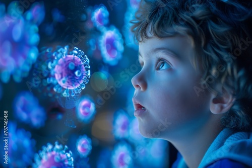 Young child fascinated by glowing virus models in a futuristic science education setting photo