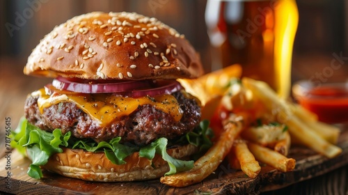 Classic American burger with cheese  lettuce  and onions served with fries and a lager beer