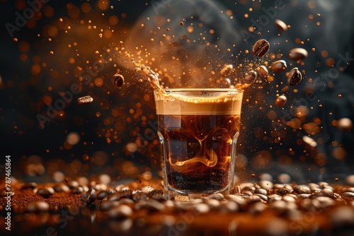 Dynamic espresso shot with coffee beans exploding in the air