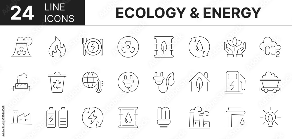 Collection of 24 ecology & energy line icons featuring editable strokes. These outline icons depict various modes of ecology & energy, energy, green, icon, thin, line, set, eco, ecology,