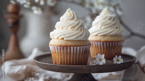 Elegant vanilla cupcakes with swirl lace frosting on a rustic stand