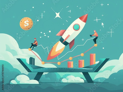 Animated financial charts showing the ascent of a stock resembling a rocket, while investors balance portfolios on a seesaw