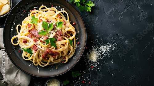 Italian Style Carbonara Pasta with Pancetta and Cheese on Black Table