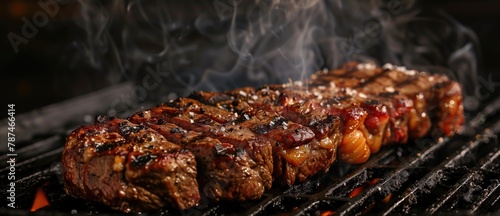 BBQ Grilling, Sizzling Rack of Ribs Smoking over Charcoal Grill,