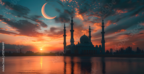 silhouette of Islamic mosque during sunset sky with crescent moon at night
