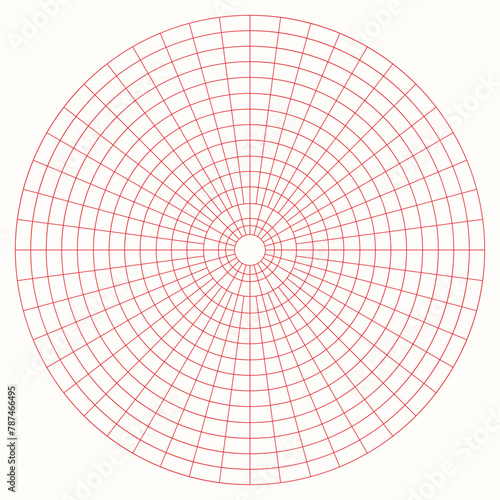 Polar coordinate circular grid isolated on white background. 360 degrees scale. Blank polar graph paper. Vector illustration. Mathematical graph. Lined blank on transparent background