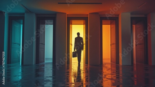 Man in a suit opening a series of doors, each revealing different career paths, clutching a designer briefcase