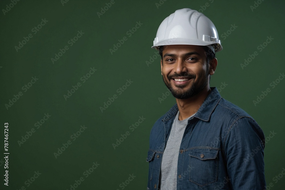 Indian engineer guy with smile on face next to empty space on a green background. Young handsome engineer wearing a construction helmet. Indian engineer guy with smile on face next to empty space on a green background. Young handsome engineer wearing a construction helmet.