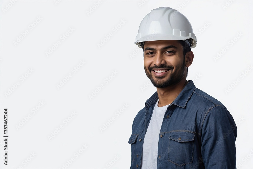 Indian engineer guy with smile on face next to empty space on a white background. Young handsome engineer wearing a construction helmet. Indian engineer guy with smile on face next to empty space on a white background. Young handsome engineer wearing a construction helmet.