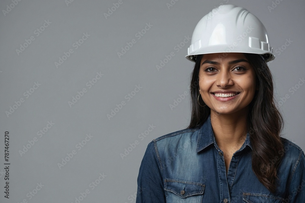 Indian female engineer guy with smile on face next to empty space on a grey background. Young handsome engineer wearing a construction helmet. Indian female engineer guy with smile on face next to empty space on a grey background. Young handsome engineer wearing a construction helmet.