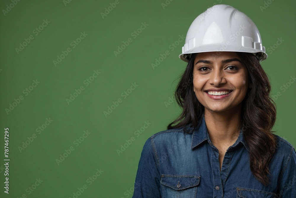 Indian female engineer guy with smile on face next to empty space on a green background. Young handsome engineer wearing a construction helmet. Indian female engineer guy with smile on face next to empty space on a green background. Young handsome engineer wearing a construction helmet.