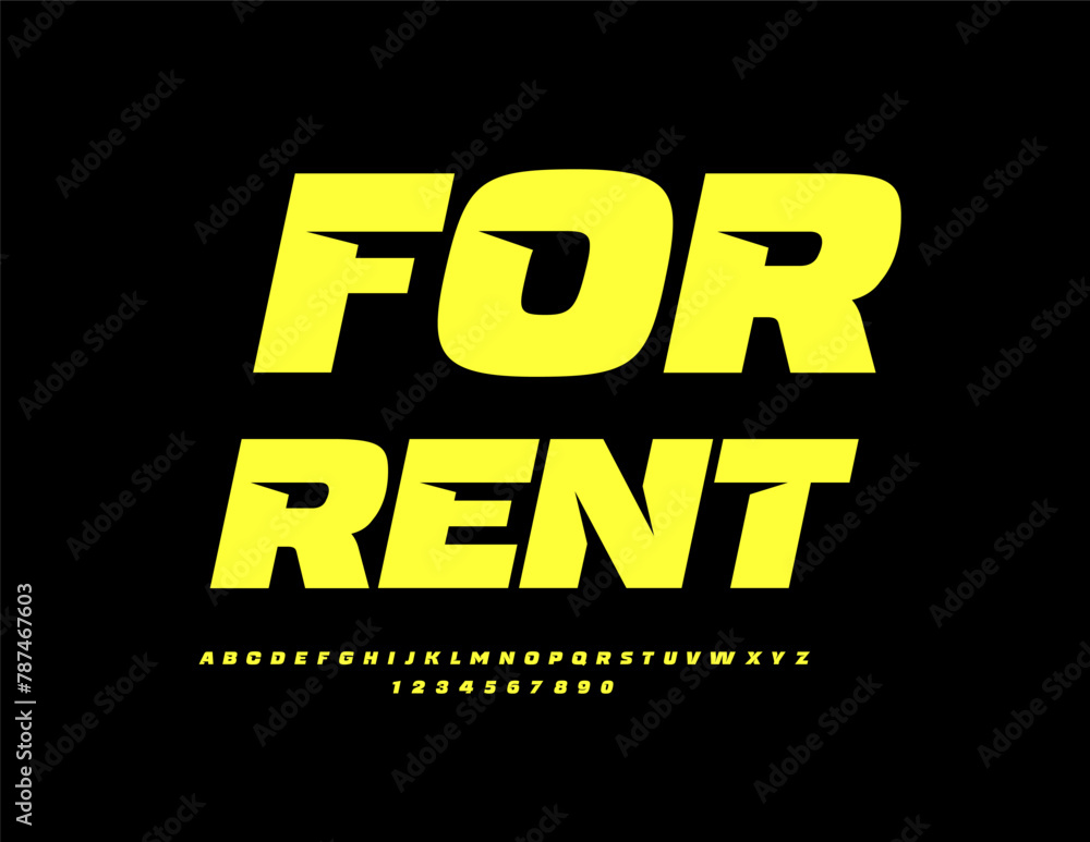 Vector bright sign For Rent. Yellow stylish Font. Bold style set of Alphabet Letters and Numbers. Vector bright sign For Rent. Yellow stylish Font. Bold style set of Alphabet Letters and Numbers.