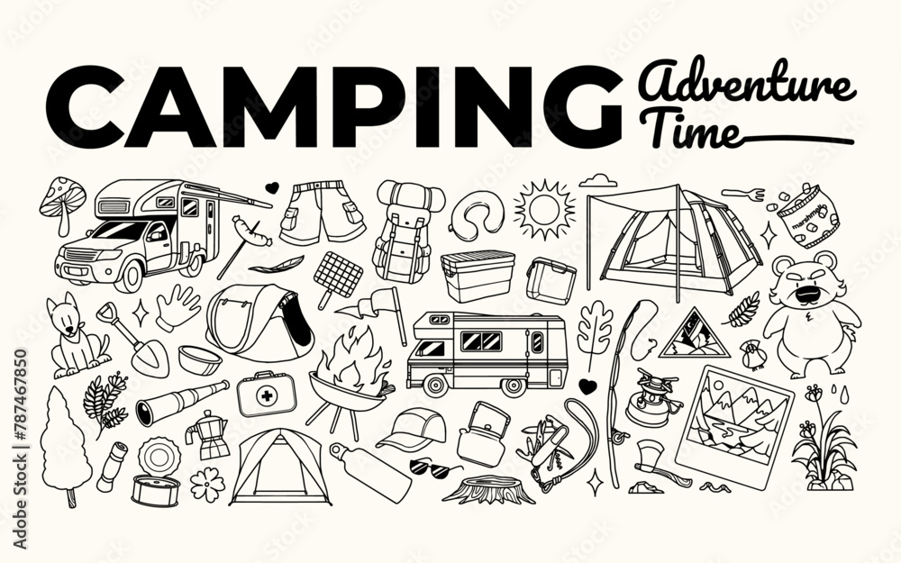 Set hand Drawn Camping Adventure Time Elements Vector illustration, Outdoor, Backpack, Summer Camp, RV, lifestyle, camping time