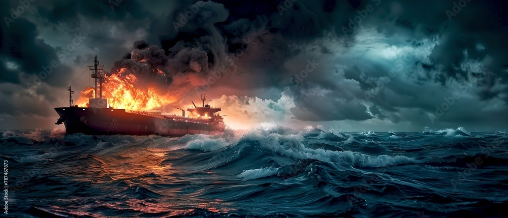 Dramatic seascape with burning ship in tumultuous ocean, a cinematic ...